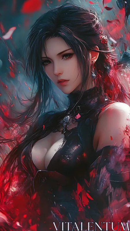 Dark-haired warrior sorceress stands amid swirling red petals