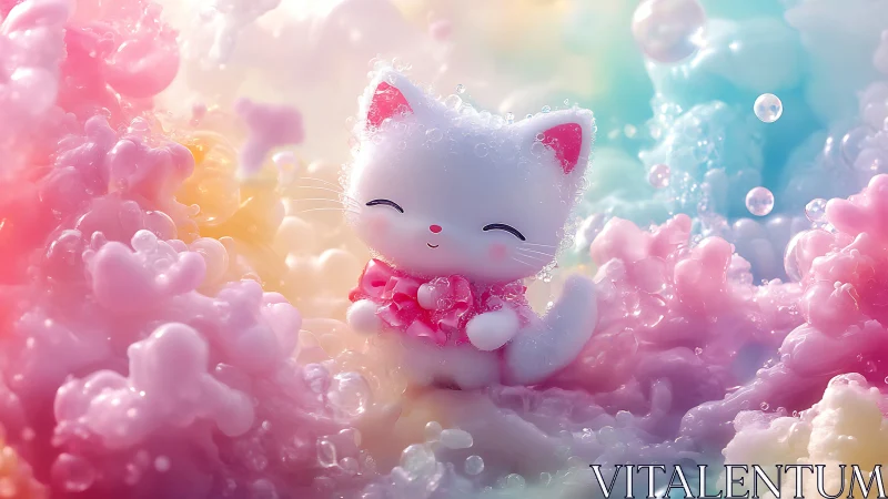 White Feline Character Nestled Within Iridescent Cloud Formations