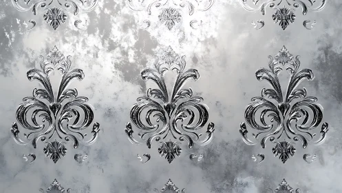 Baroque metallic damask pattern reflects on distressed silver ground