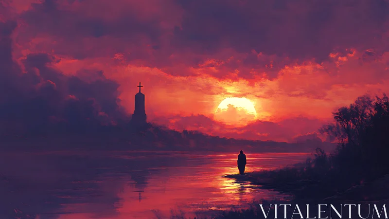 Solitary figure beside crimson river at apocalyptic sunset.
