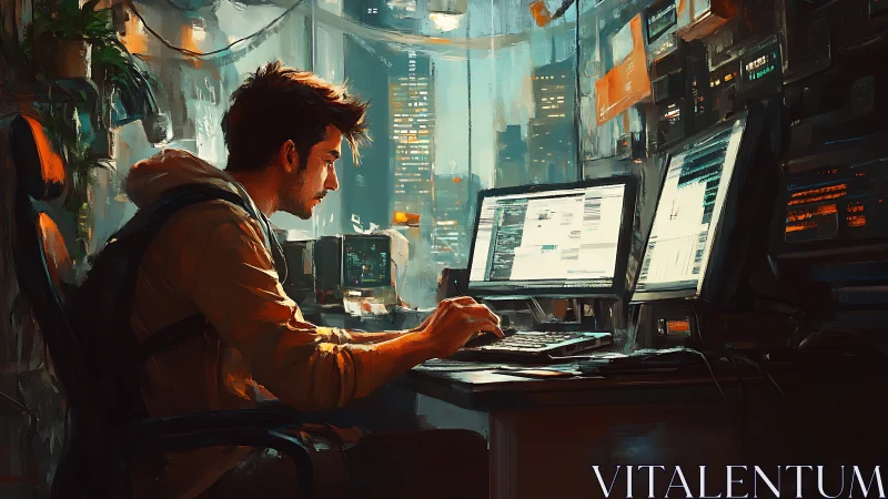 Digital workstation scene shows person using multiple monitors