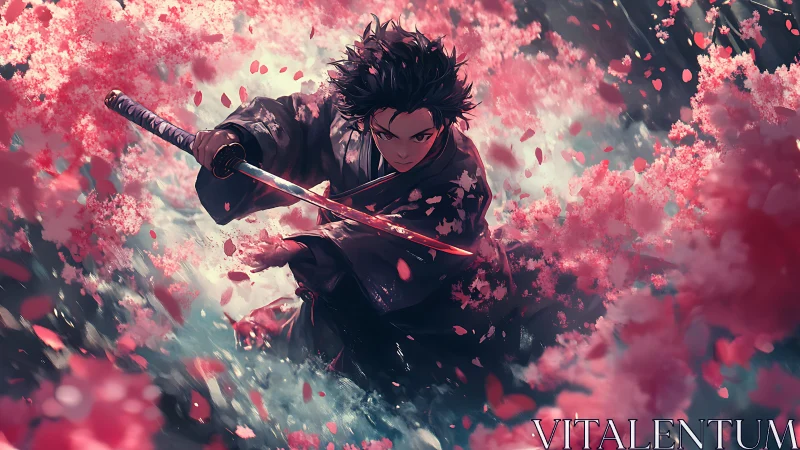 Kinetic katana strike amid turbulent cherry blossom vortex.