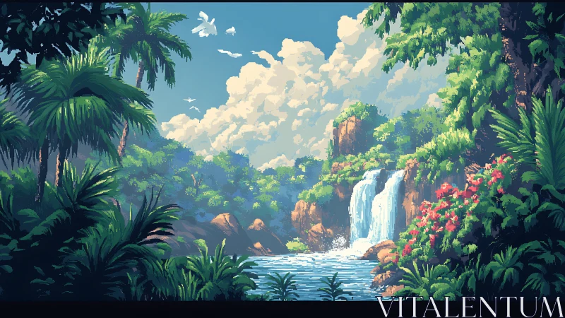 Pixel jungle waterfall under bright tropical sky.