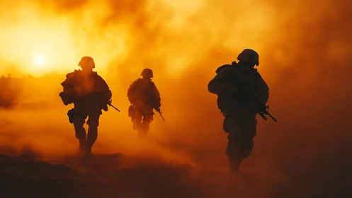 Soldiers advance through fiery battlefield haze at sunset.