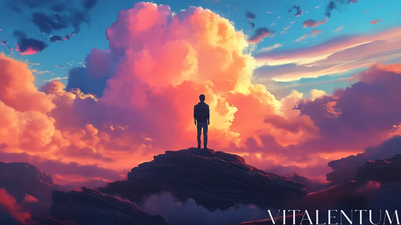 Sunset clouds welcome a lone dreamer atop a quiet peak
