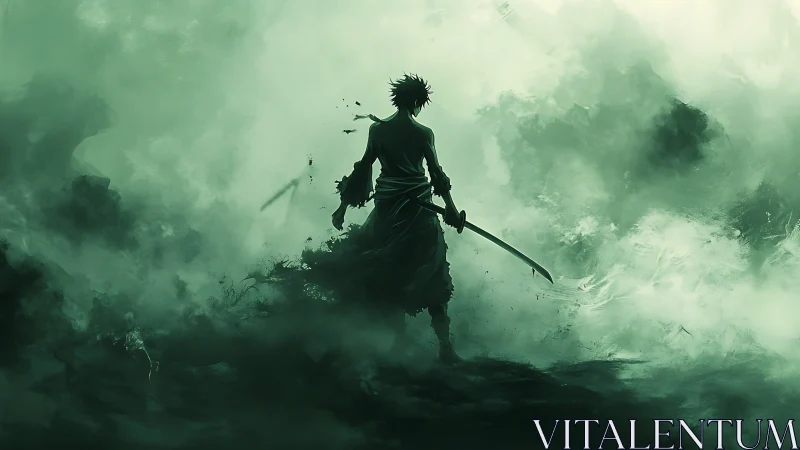 Solitary swordsman silhouette in dense green mist field.