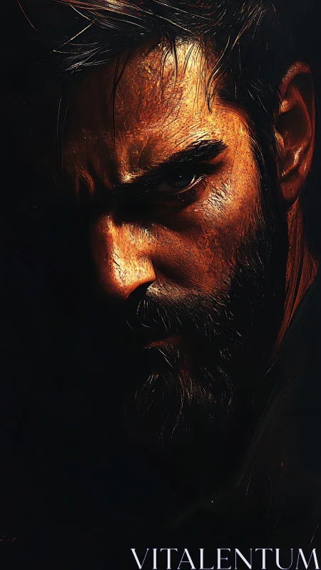 Smoldering male portrait in dramatic chiaroscuro lighting.