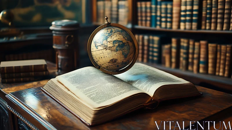 Open antique book and globe on wooden library desk