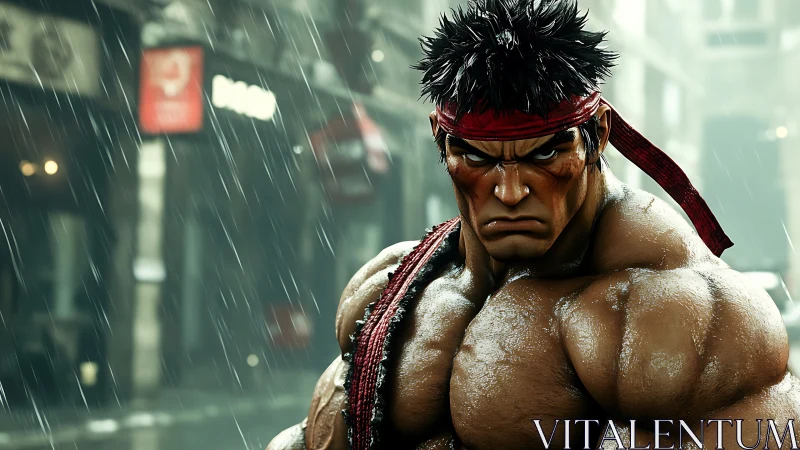 Rain-soaked street warrior glowers through the stormy city.