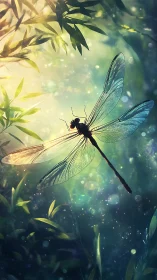 Dragonfly with translucent wings in soft forest light.