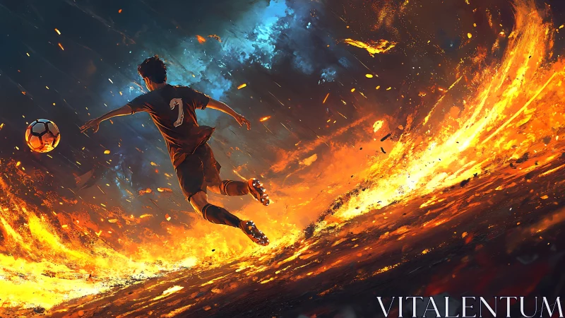 Soccer player kicking ball across fiery abstract landscape.
