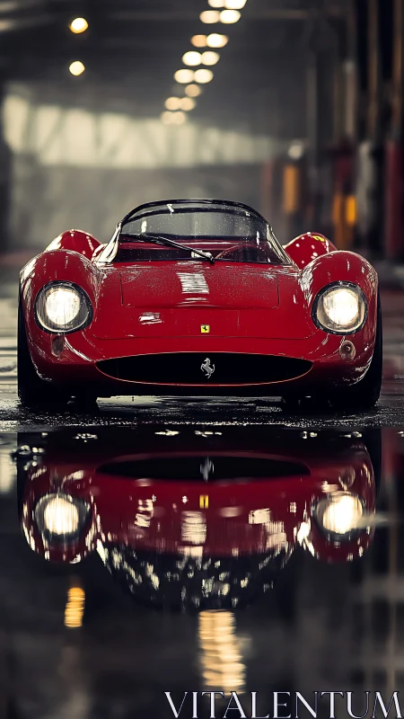 Low-angle frontal study of classic red race car with wet reflection
