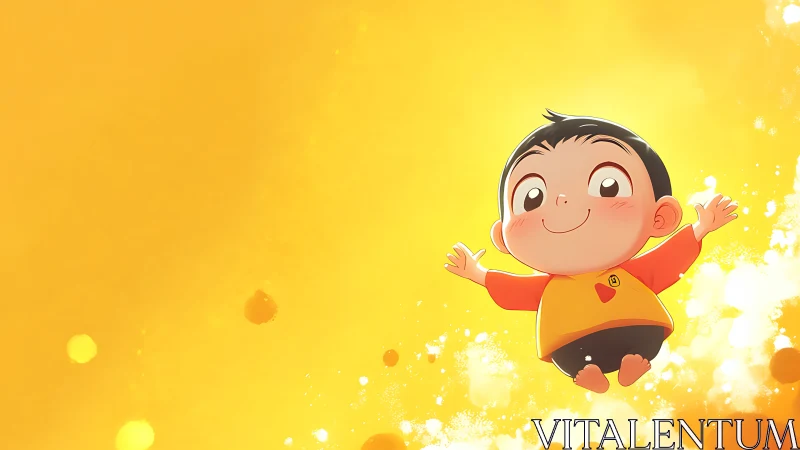 Joyful cartoon child drifts through a glowing golden sky