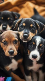 Four tricolor puppies in shallow depth-of-field portrait study