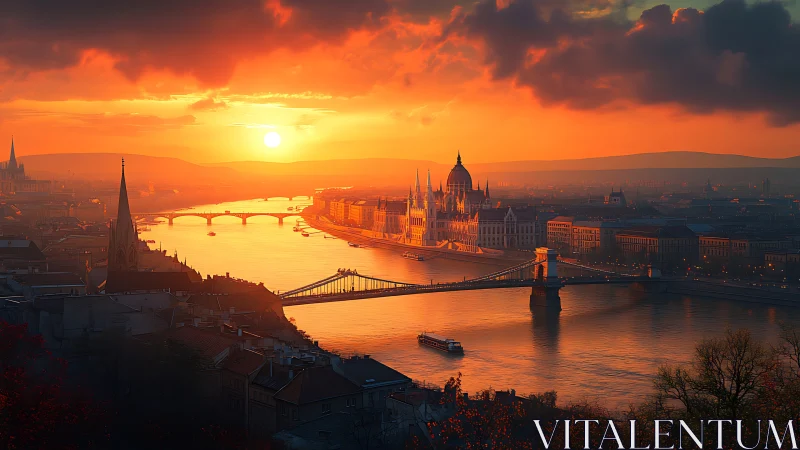 Sunset glows over a grand riverside city and luminous bridges