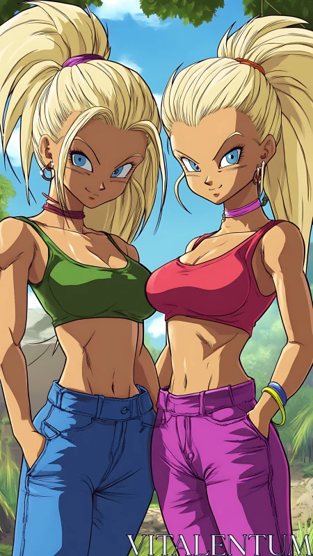 Two blonde anime women stand outdoors in fitted casual wear
