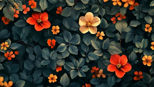 Dense floral canopy renders warm blossoms against cool foliage