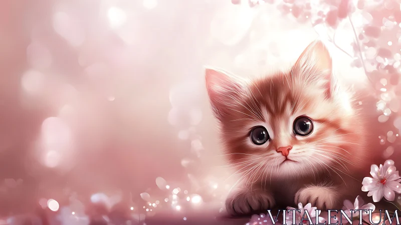 Fluffy Kitten in Pink Floral Garden Setting.