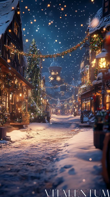 Snowy village lane shimmers under lanterns and starlit garlands