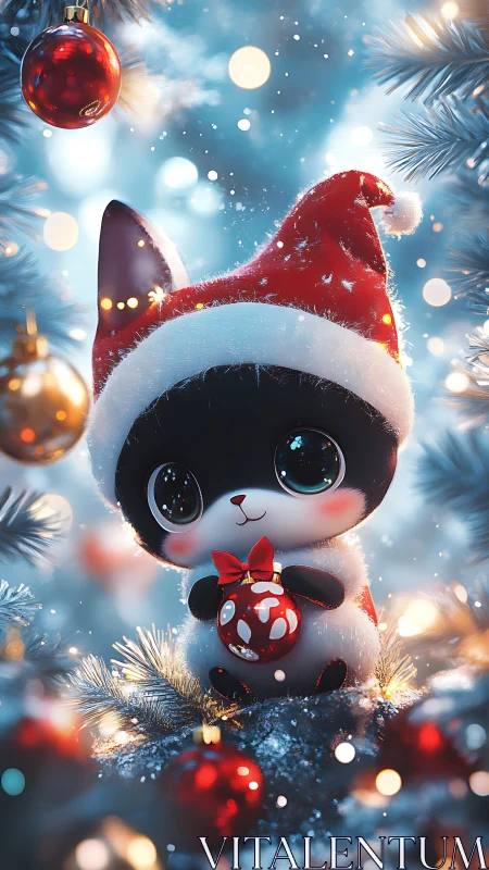 Tiny bauble guardian panda in a sparkling winter wonderland.