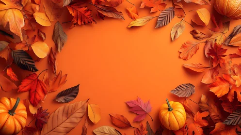 Autumn leaves and pumpkins border an empty orange background