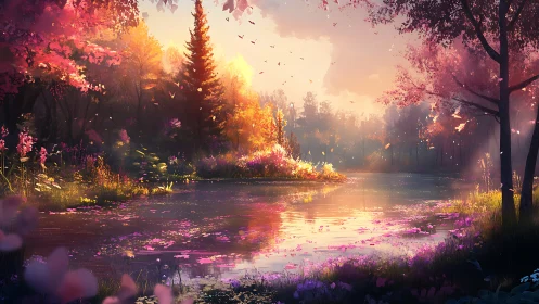 Sunlit forest lake with dense pink foliage in evening light.