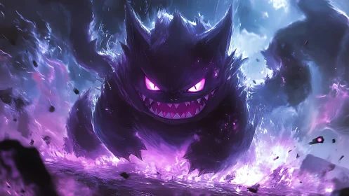 Shadow-like spectral creature amid violet energy surge.