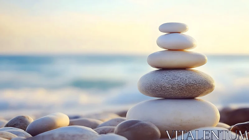 Balanced white pebbles stacked on calm seaside shore.
