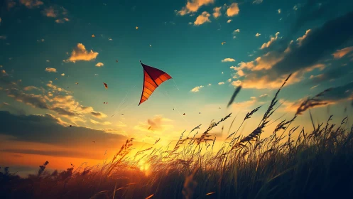 Kite over grass field under stratified sunset sky.