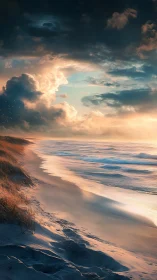 Stormlit shoreline absorbs warm sunset glow along surf