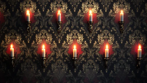 Candles mounted on patterned wall emit uniform warm light