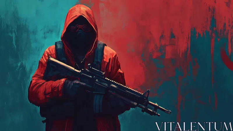 Hooded armed figure against split teal and red backdrop.