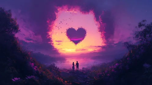 Heart-shaped silhouette framed by luminescent clouds at dusk.