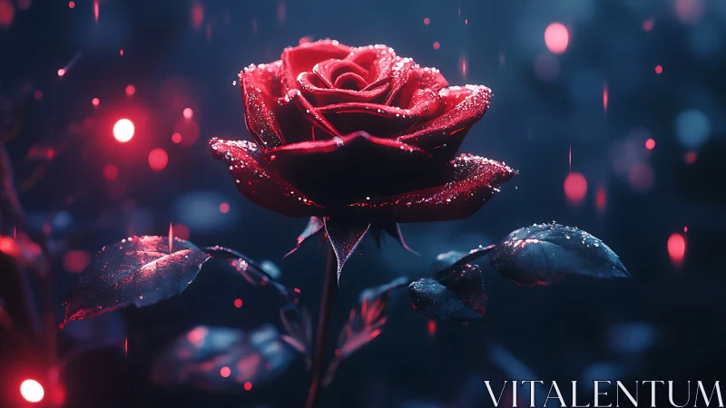 Glowing red rose shining softly in a dreamy night garden.