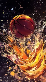 Blazing court comet: basketball splashing through liquid fire.