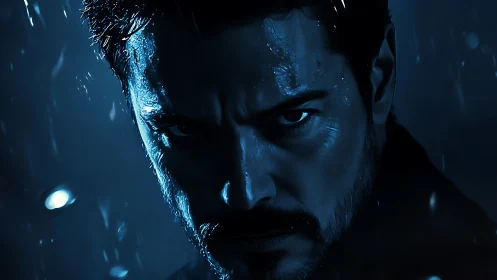 Male face in low key blue lighting with rain effects.