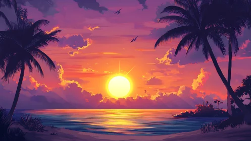 Vibrant tropical sunset illuminates tranquil palm-framed bay