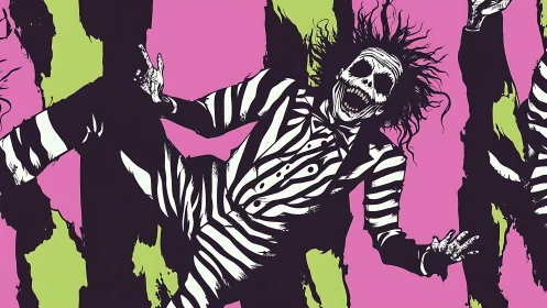 Striped skeleton figure repeats over pink and green background