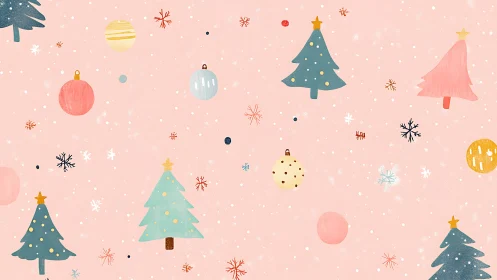 Flat pastel Christmas trees and ornaments on soft pink ground