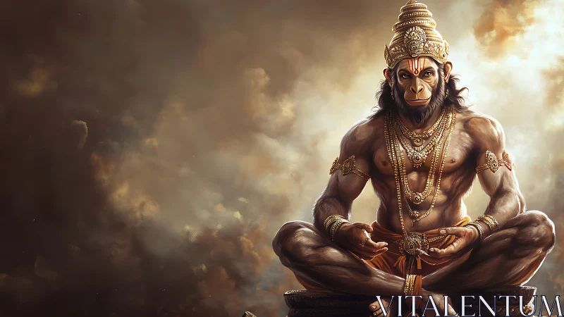 Mythic simian deity in meditative power posture rendering.