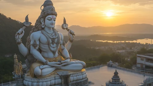 Large Shiva statue overlooking cityscape at golden sunset.