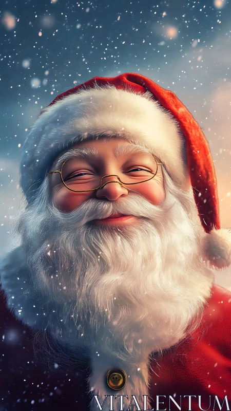 Snow-dusted Santa smiles under glowing winter starlight.