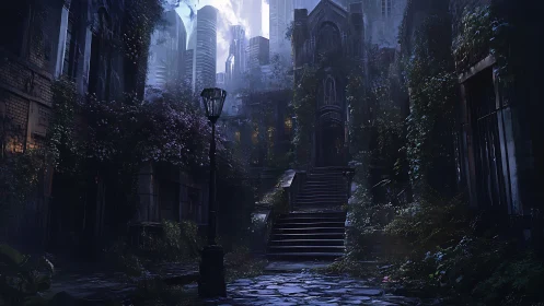 Ruined ivy city courtyard under looming futuristic towers.