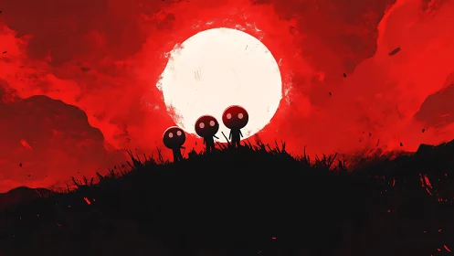 Silhouetted figures on ridge against large white sun disk.