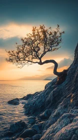Solitary coastal tree on rocky slope at low sunset light.
