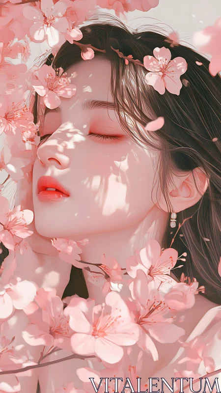 Serene woman among soft pink blossoms embraces spring light