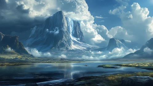 Majestic icy mountain and tranquil lake in soft morning light.