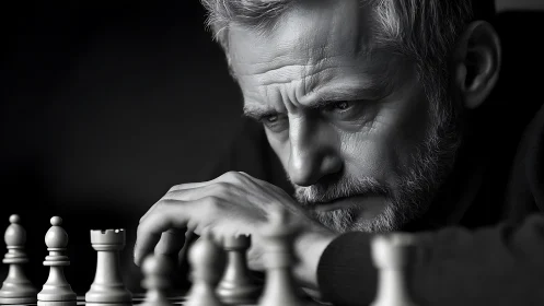 Focused older man studies monochrome chessboard position.