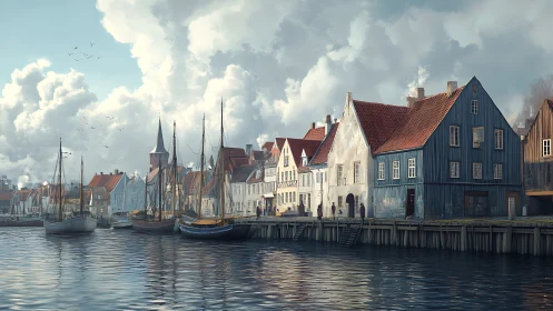 Harborfront street with moored sailing vessels and clouds.