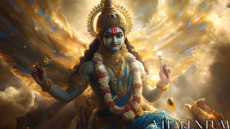 Radiant blue-skinned deity ascends amid glowing golden clouds